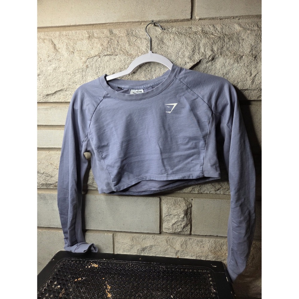 Gymshark Womens XS Purple Long‎ Sleeve Cropped Pullover Raw Hem Training Top